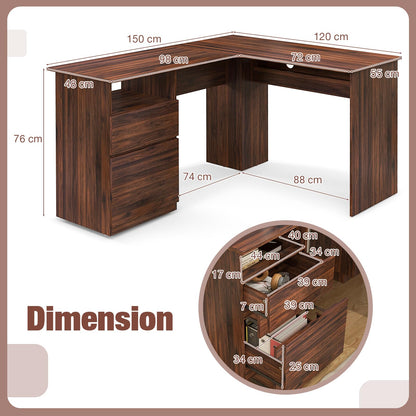 L-Shaped Computer Desk, 150cm Modern Large Corner Desk Writing Study Table with Drawe