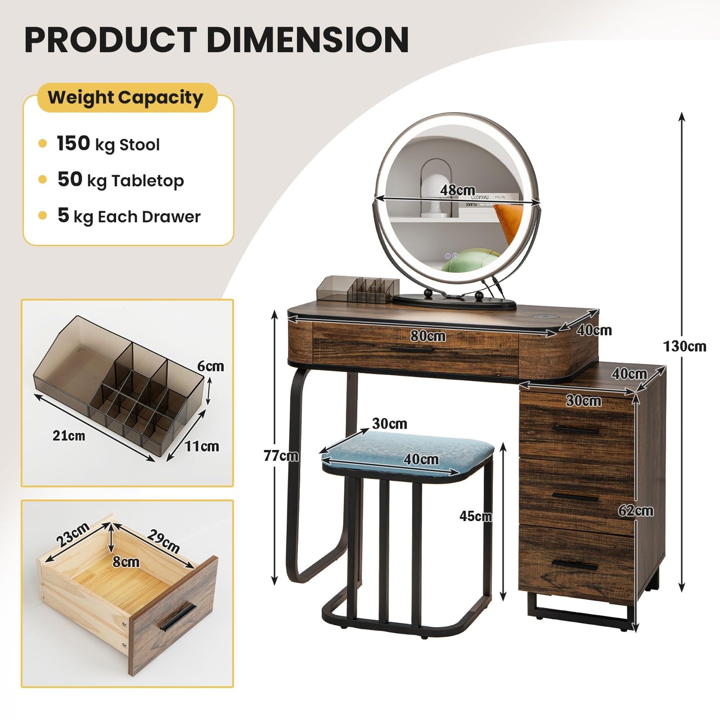 Dressing Table and Stool Set with 3-Color LED Lights Swivel Mirror, Charging Station