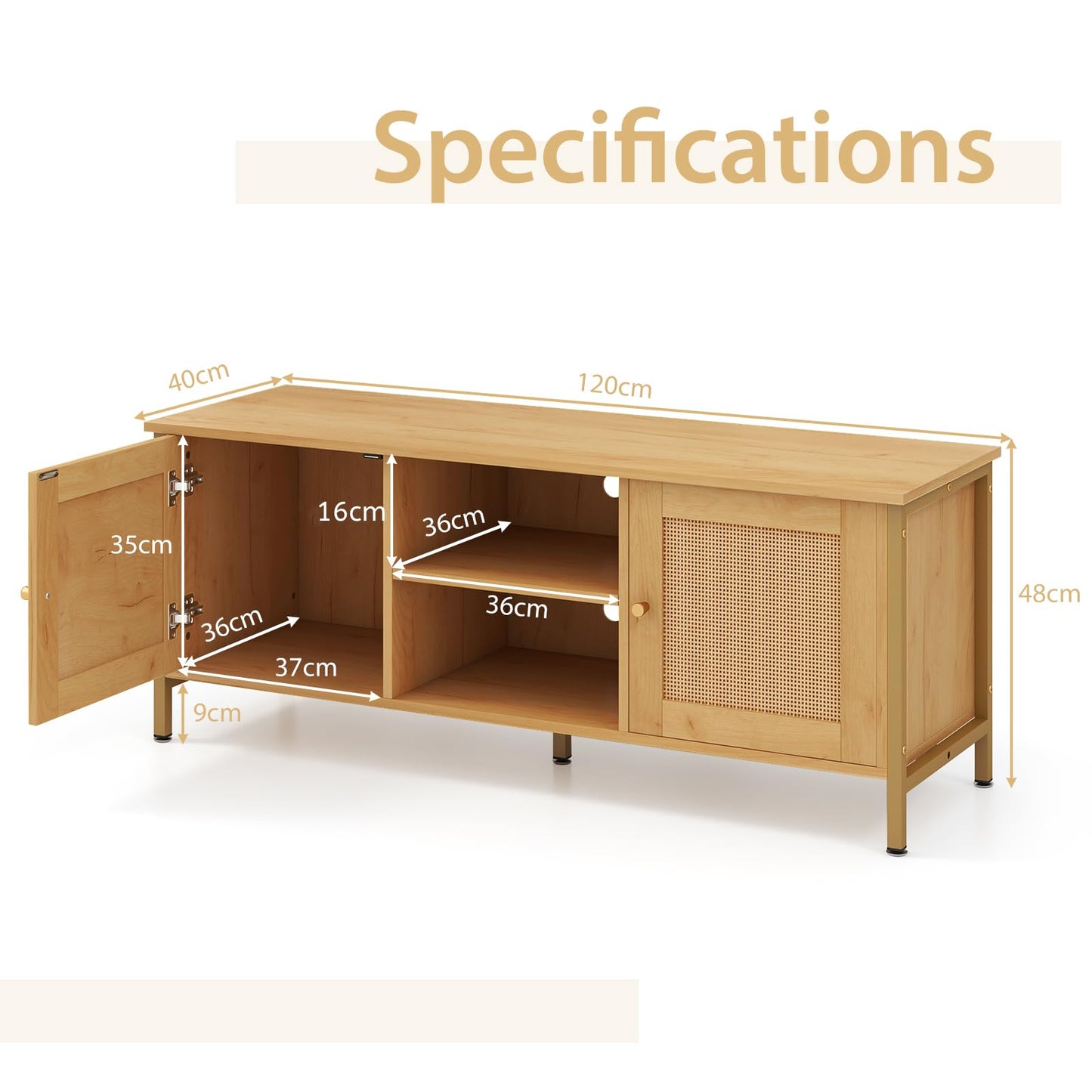 TV Stand for TVs up to 55 Inches, Wooden TV Cabinet Media Entertainment Center with 2 Rattan Effect Doors