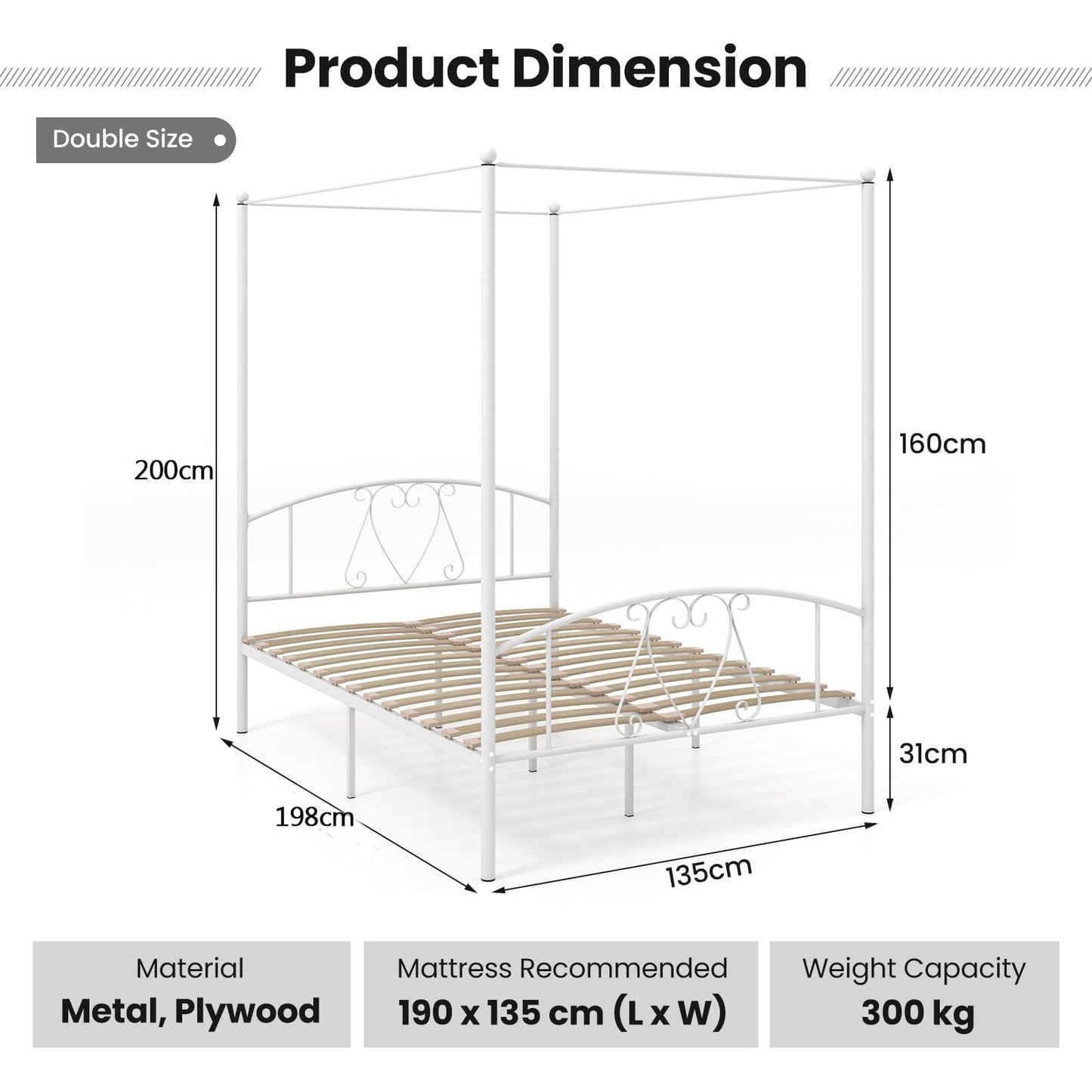 Canopy Bed Frame, Double Size Metal Bed Base with Headboard & Footboard