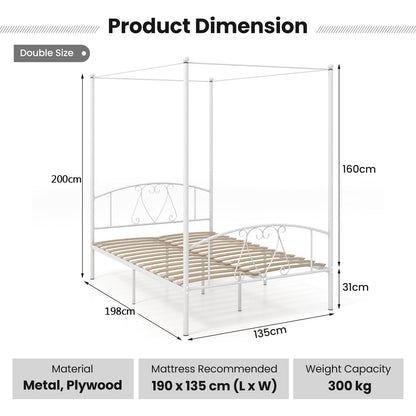 Canopy Bed Frame, Double Size Metal Bed Base with Headboard & Footboard