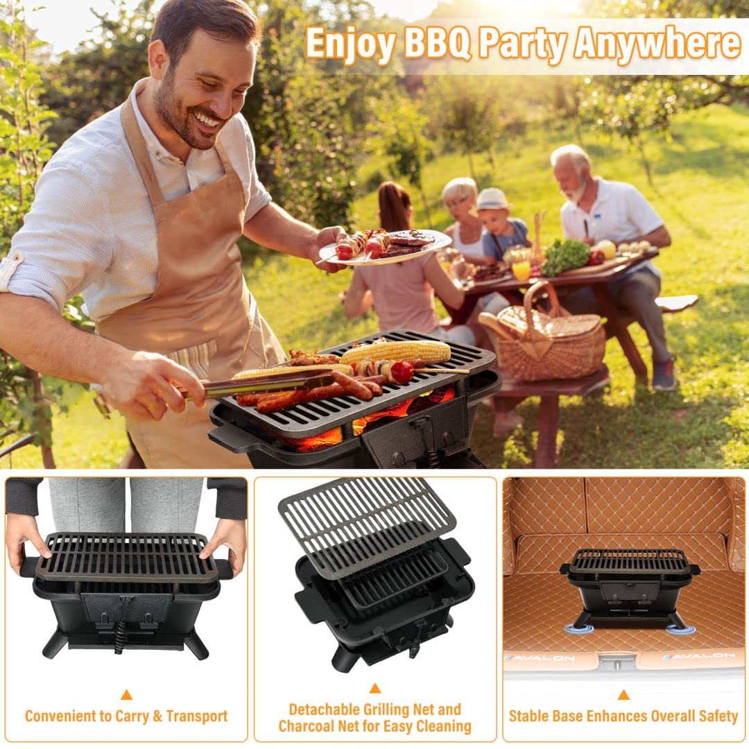 GiantexUK Cast Iron Charcoal Grill, Tabletop Barbecue Grill with Double-Sided Grilling Net, Air Regulation Door and Fire Gate