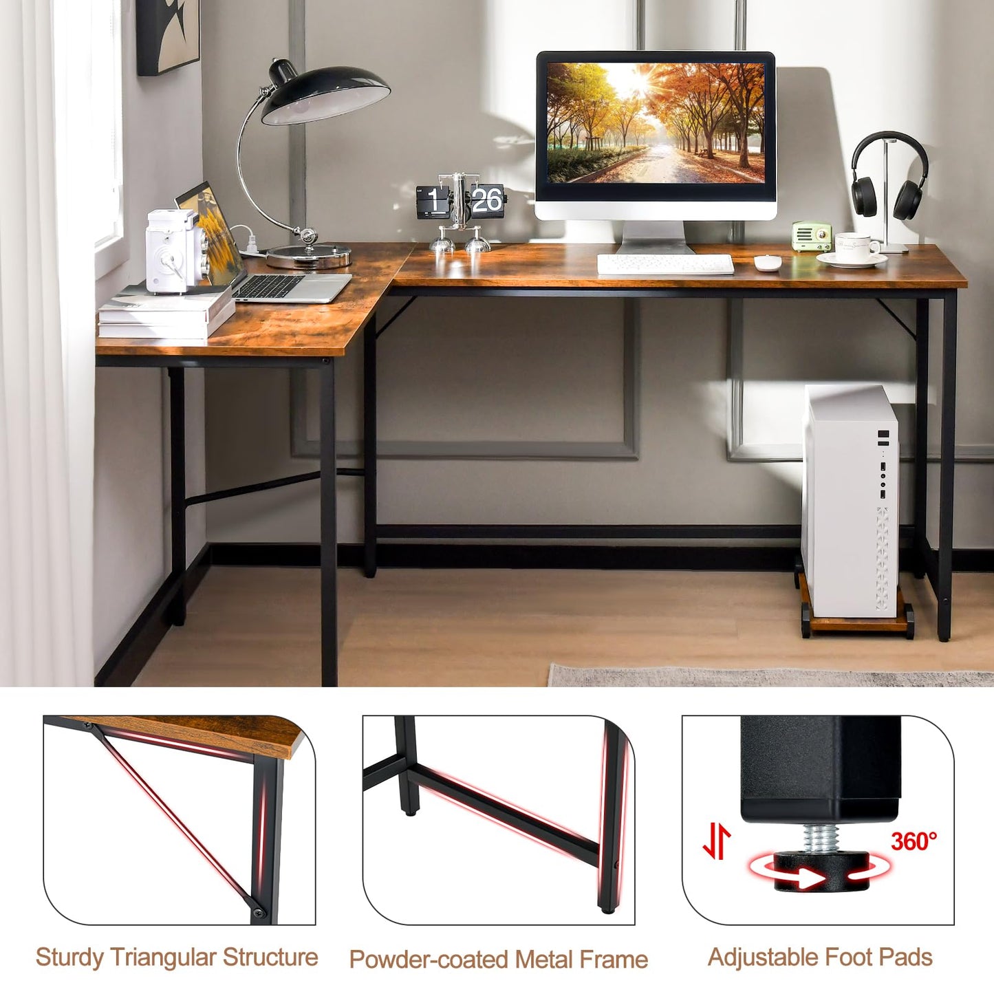 L-Shaped Computer Desk, 168cm Metal Frame Corner Writing Workstation with Charging Station