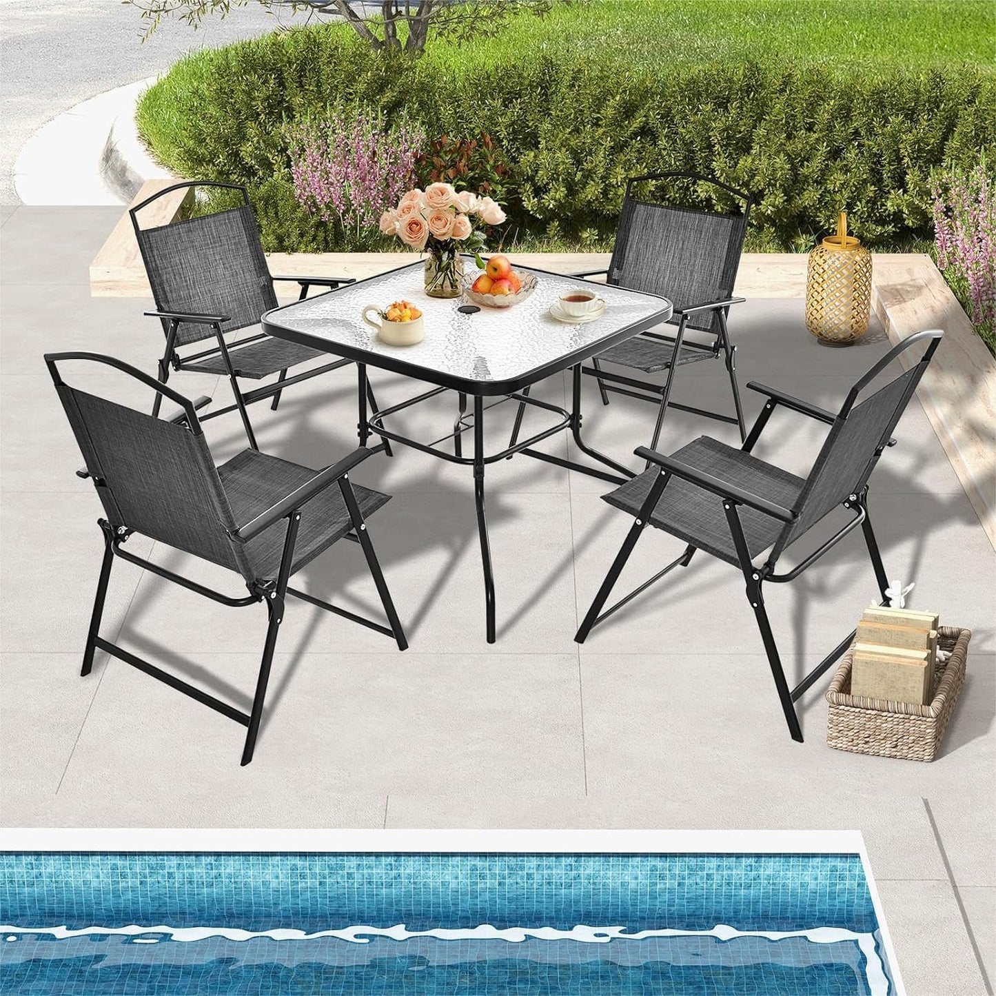 GiantexUK 5 Piece Folding Dining Set, Patio Conservatory Set with Tempered Glass Tabletop & Umbrella Hole (Table+4 Chairs)