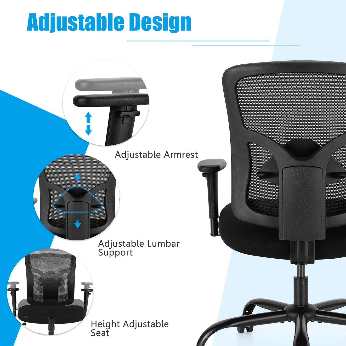 400LBS Big and Tall Mesh Office Chair, Height Adjustable Computer Desk Chair with Rocking Backrest