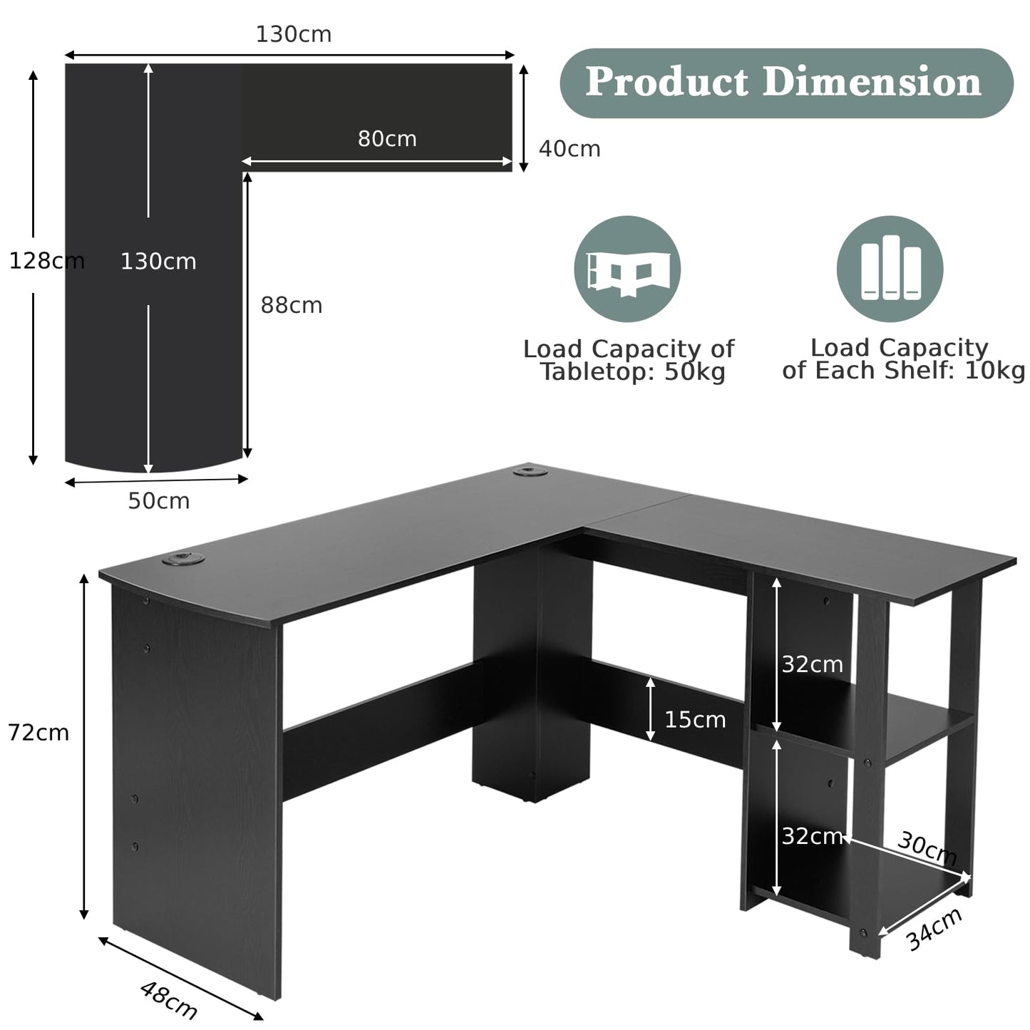 L-Shaped Computer Desk, Modern Large Corner Desk Writing Study Table with Storage Shelves