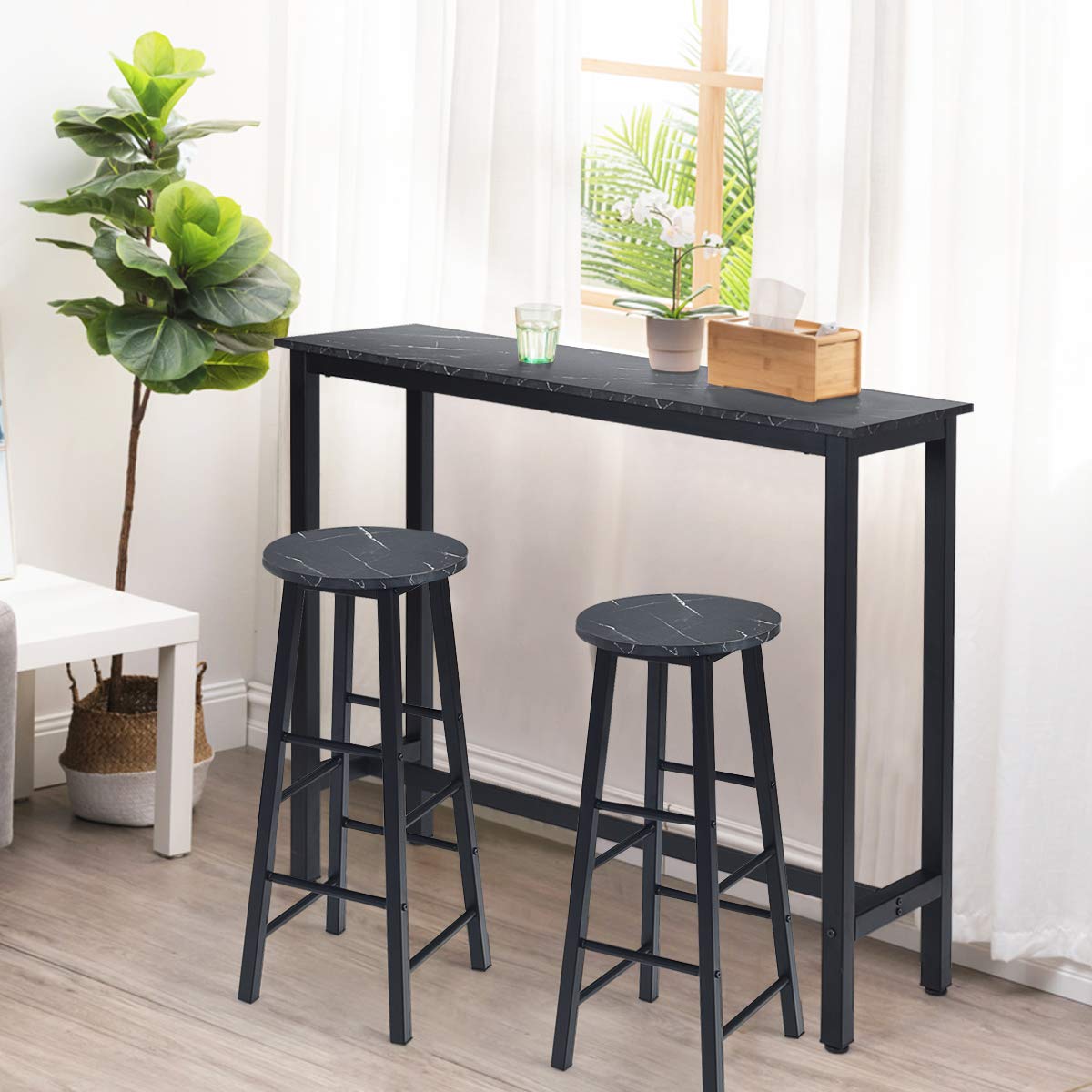 GiantexUK Bar Stools Set of 2, Marble Effect Counter Breakfast Barstools with Footrest & Anti-slip Footpads