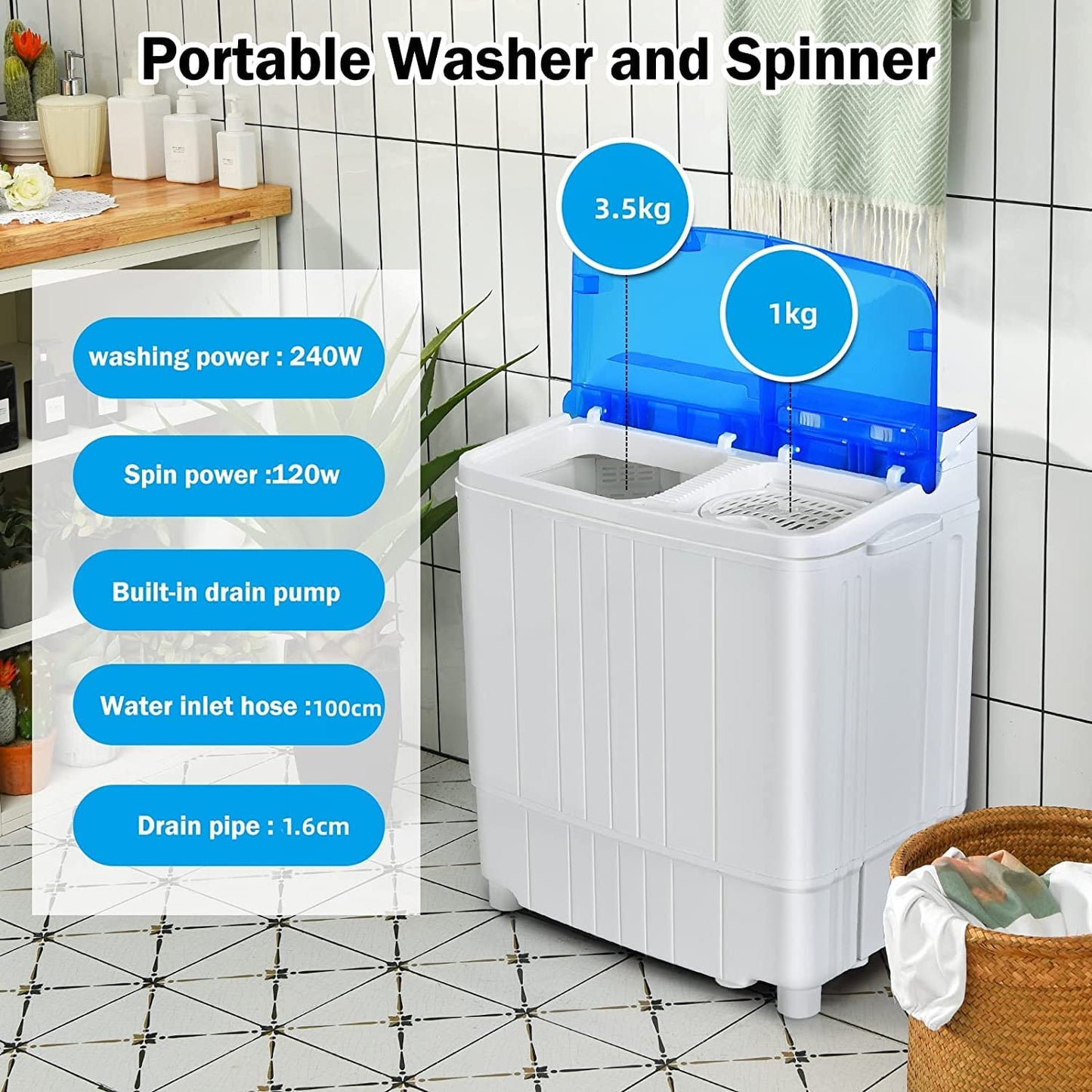 GiantexUK Twin Tub Washing Machine, 4.5KG Compact Washing Machine and Spin Dryer Combo with 3 Modes, Drainage & Timer(3.5kg Washer 1kg Dryer, Blue+White)