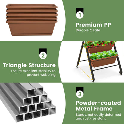 GiantexUK Raised Garden Bed, 5 Tier Vertical Ladder Planter with 5 Removable Trays, Wheels & Drain Holes (with Wheels, Brown, 57 x 74 x 127cm)