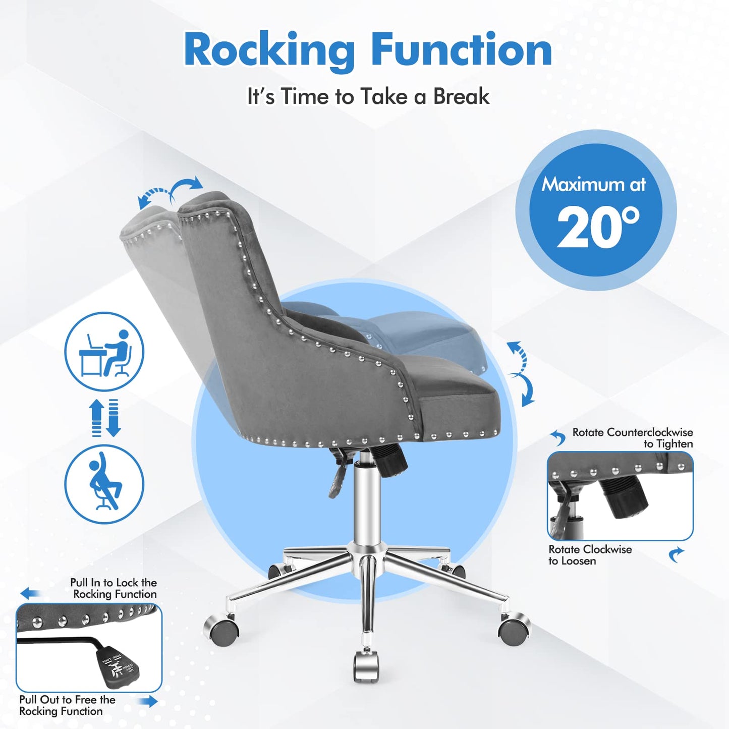 Velvet Office Chair, Height Adjustable Swivel Computer Desk Chair with Nailhead Trim