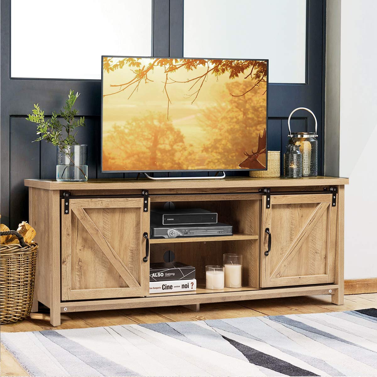 Farmhouse TV Stand for TVs up to 60 Inches, Wooden TV Cabinet Media Entertainment Center with Sliding Barn Door and Storage Shelves