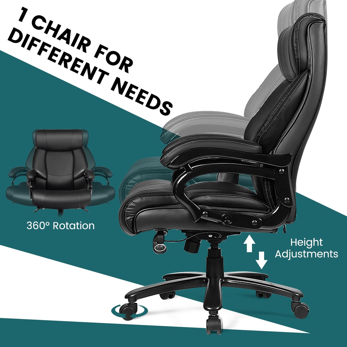 400LBS Big & Tall Executive Office Chair, Height Adjustable PU Leather Computer Desk Chair with Rocking Backrest