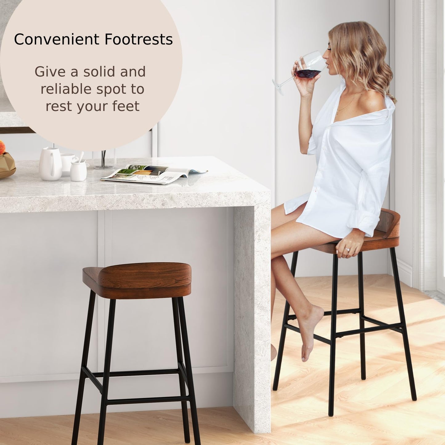 GiantexUK Bar Stools Set of 1/2, 73CM Seat Height Barstools with Low Back, Footrests & Adjustable Foot Pads, 42 x 42 x 82cm