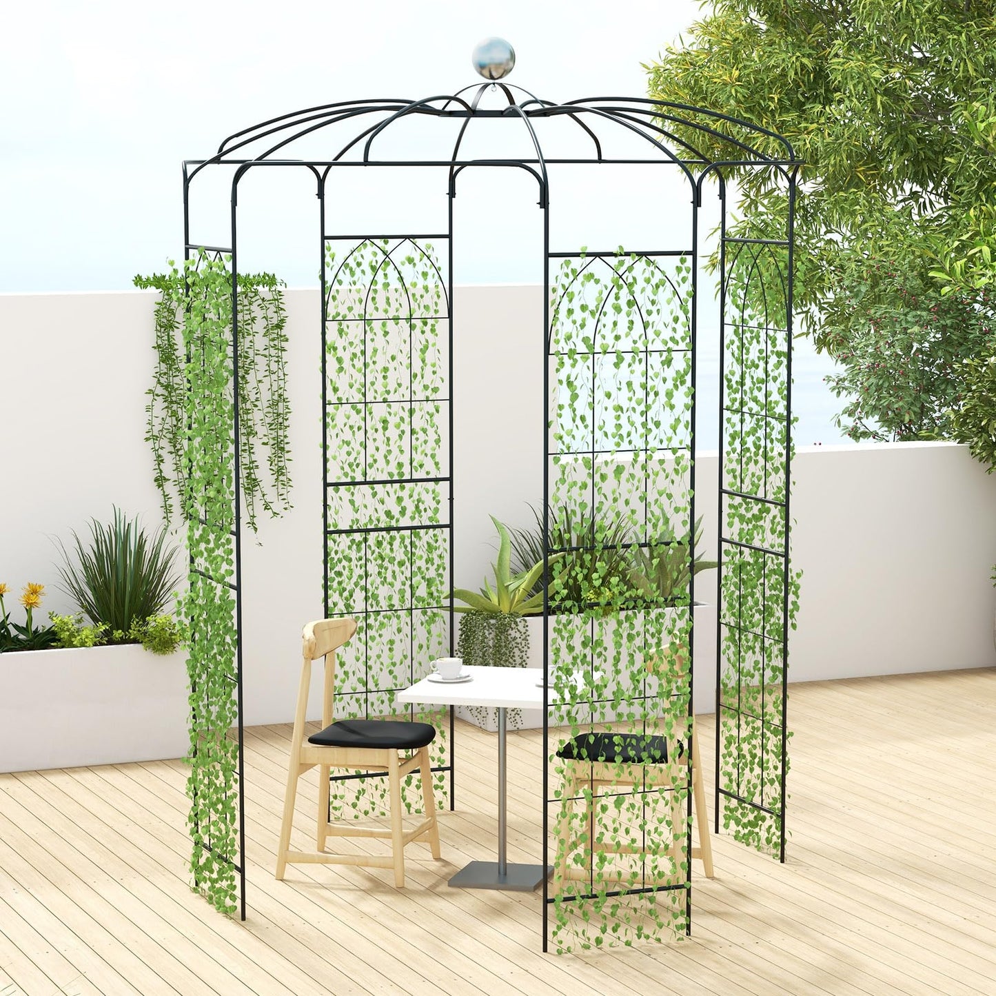 GiantexUK 4-Sided Birdcage Metal Garden Arch, 206x206x286cm Trellis Gazebo Pergola Pavilion Arbour with Hanging Hook & Ground Stakes