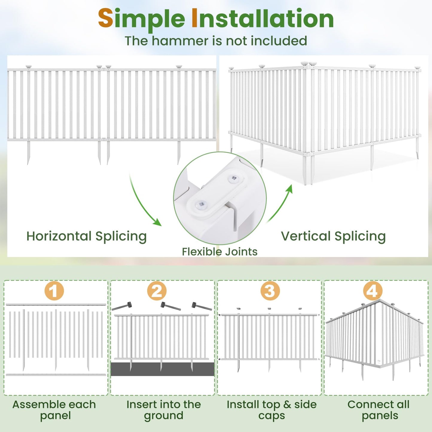 2 Panels Decorative Garden Fence, 203 x 95cm PVC Landscape Fencing Panels with Sharp Ground Stakes & Protective Caps