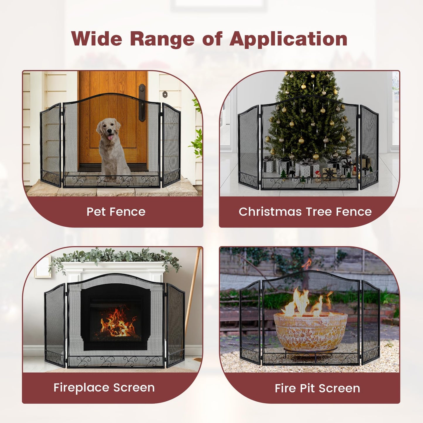 GiantexUK 3-Panel Folding Fire Guard, Metal Mesh Fireplace Screen (Leaf Pattern, 93 x 59cm)