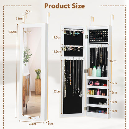 LED Lighted Jewelry Cabinet, Wall & Door Mounted Jewelry Armoire with Full-Length Mirror