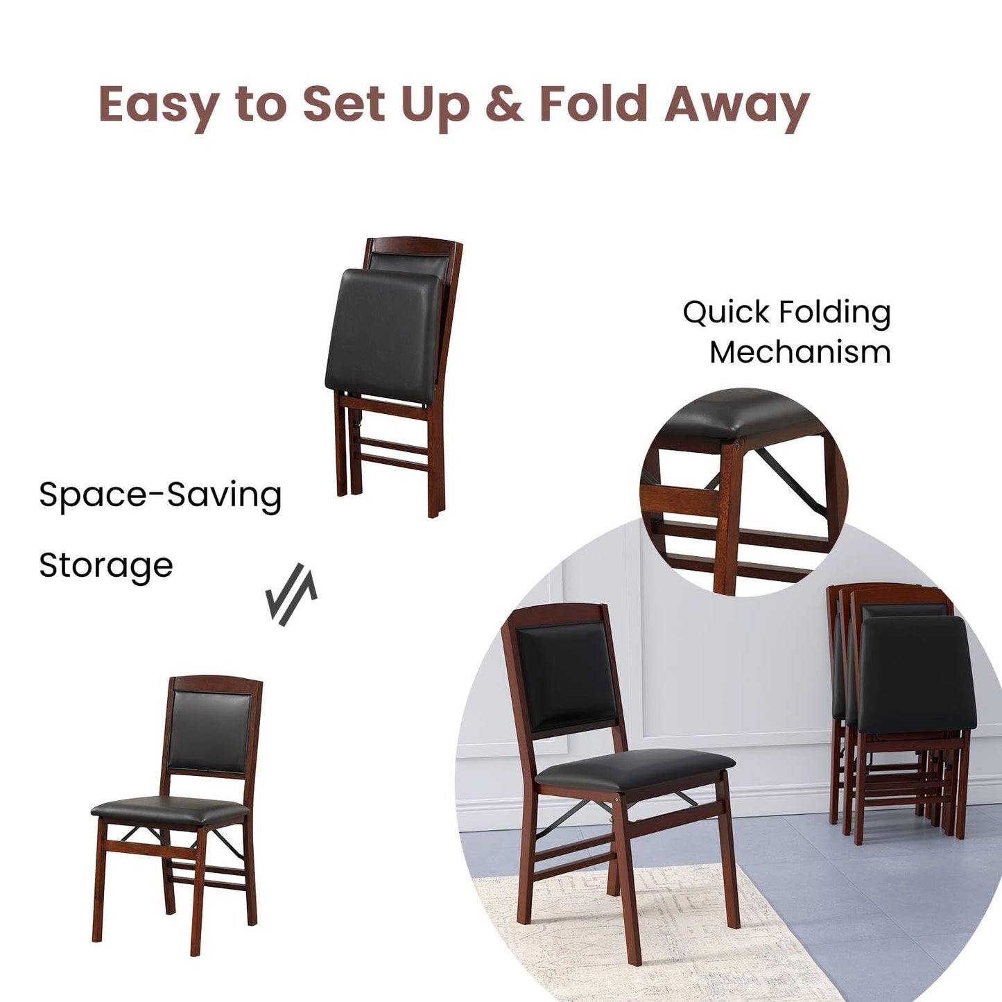 GiantexUK Folding Dining Chairs Set of 2/4, Upholstered Kitchen Chairs with Rubber Wood Legs