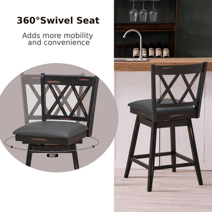 GiantexUK Bar Stools Set of 2, Upholstered 360° Swivel Barstools with Slatted Back & Footrest