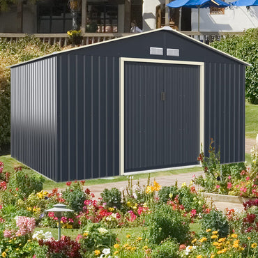 GiantexUK 11x8FT Metal Garden Shed, Outdoor Galvanized Storage House with 4 Vents & Lockable Sliding Doors