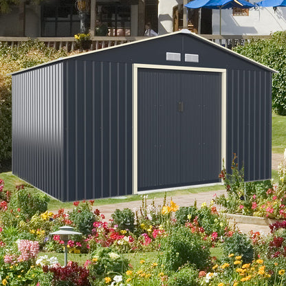 GiantexUK 11x8FT Metal Garden Shed, Outdoor Galvanized Storage House with 4 Vents & Lockable Sliding Doors