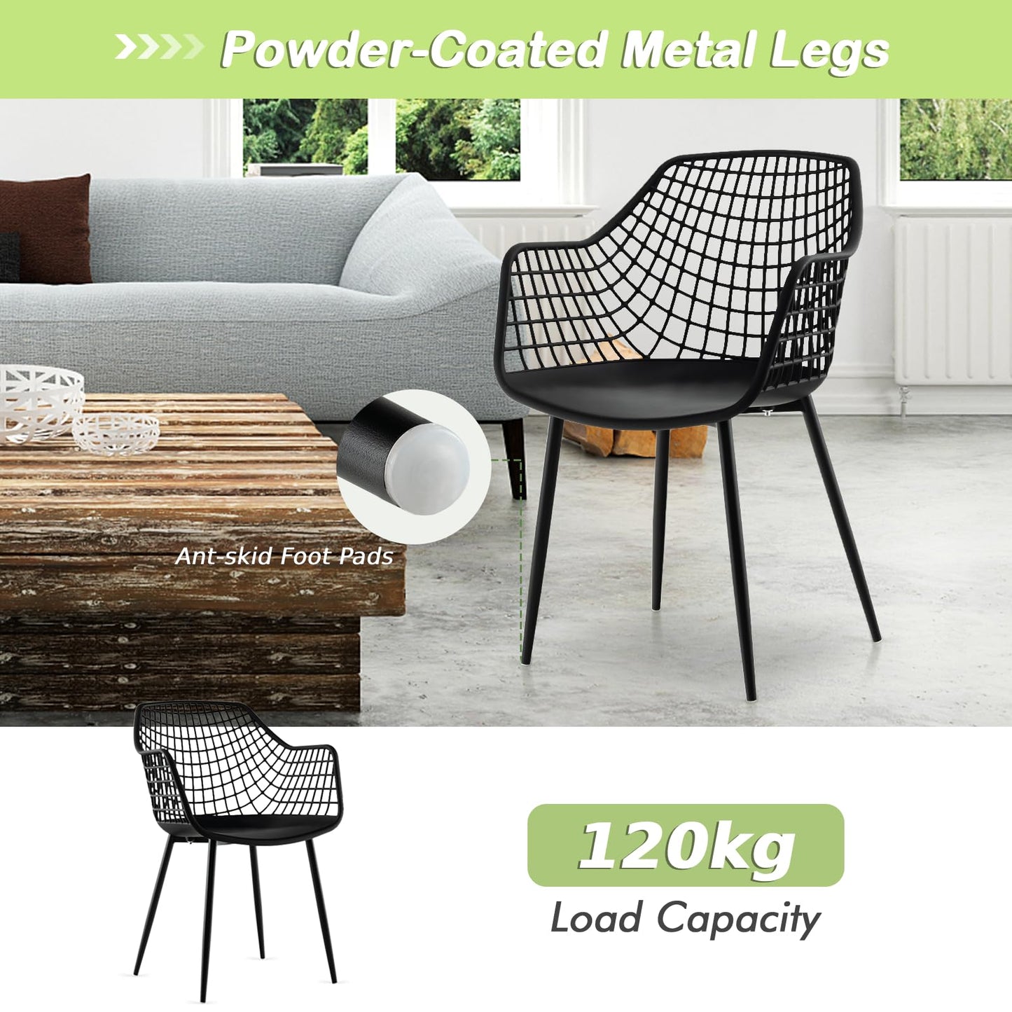 GiantexUK Dining Chairs Set of 4, Metal Legs Kitchen Side Chairs Seating with Breathable Hollowed Backrest & Anti-Slip Foot Pads