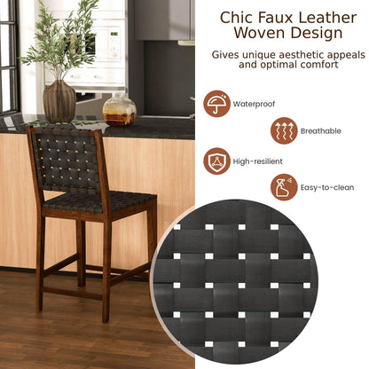 GiantexUK Bar Stools Set of 2/4, PU Leather Woven Kitchen Barstools with Backrest & Rubber Wood Footrests