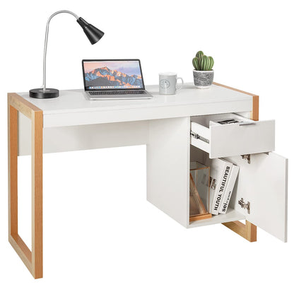 Wooden Laptop Desk, Modern PC Table Workstation with Storage Cabinet and Drawer