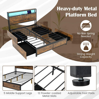 Double/King Size Platform Bed Frame with LED Lights, 4 Rolling Drawers