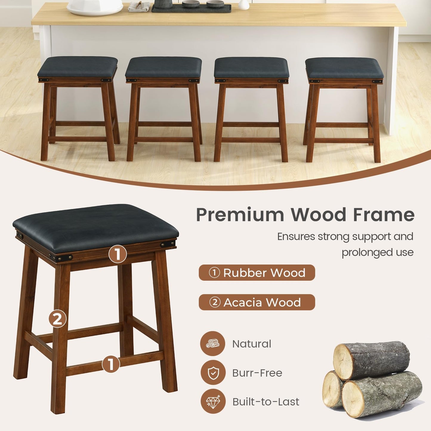 GiantexUK Bar Stools Set of 2, PU Leather Upholstered Kitchen Barstools with Acacia Wood Legs, 47x37x62cm