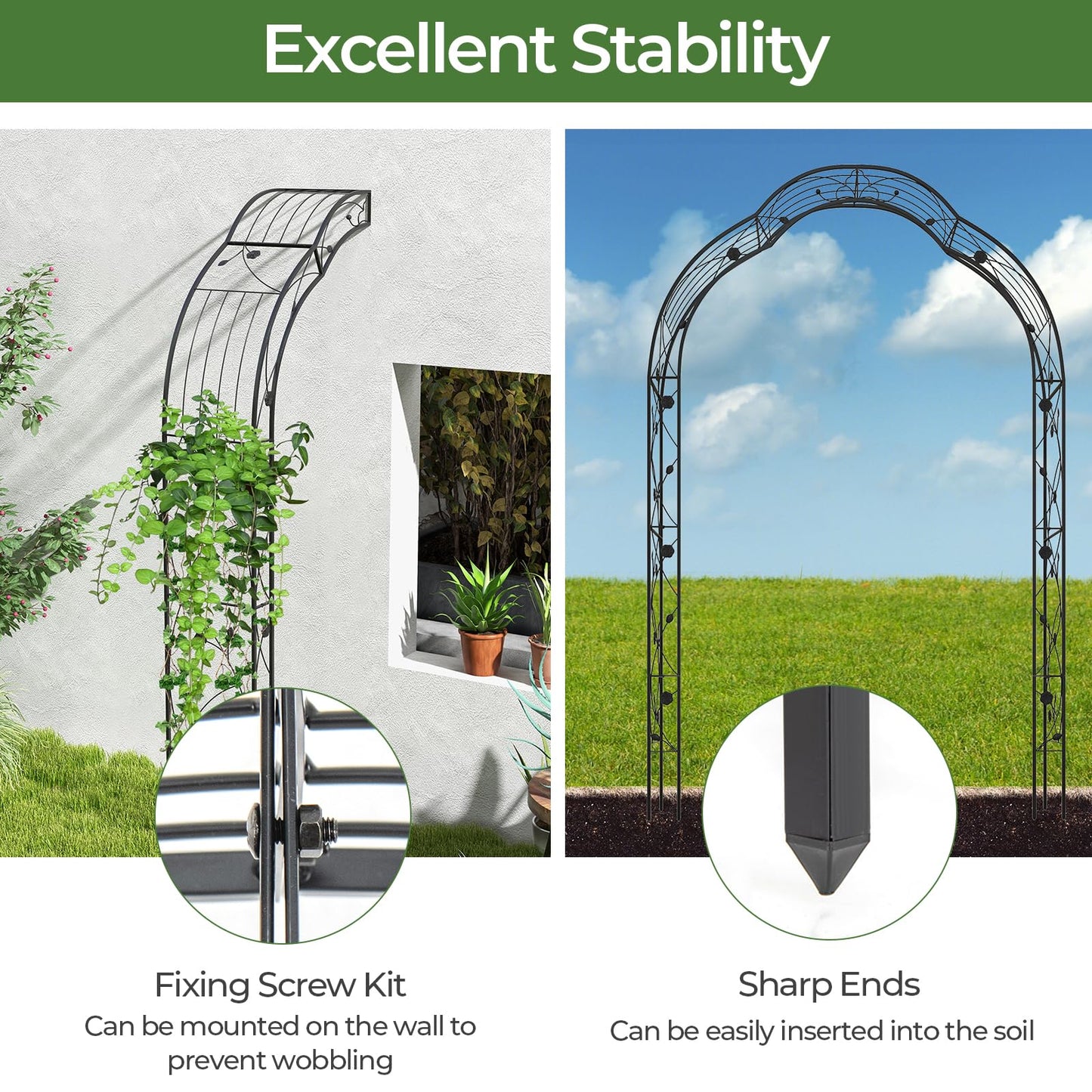 GiantexUK 2.5M Metal Garden Arch, Heavy Duty Pergola Trellis Arbour with 2 Half-side Arches