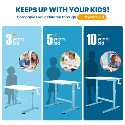 Kids Desk, Height Adjustable Children Study Table with Hand Crank System and Ample Tabletop