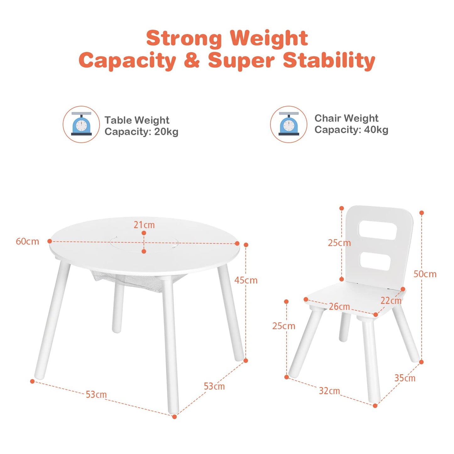 Kids Table and 2 Chairs Set, Wood Activity Tables with Center Mesh Storage (White)