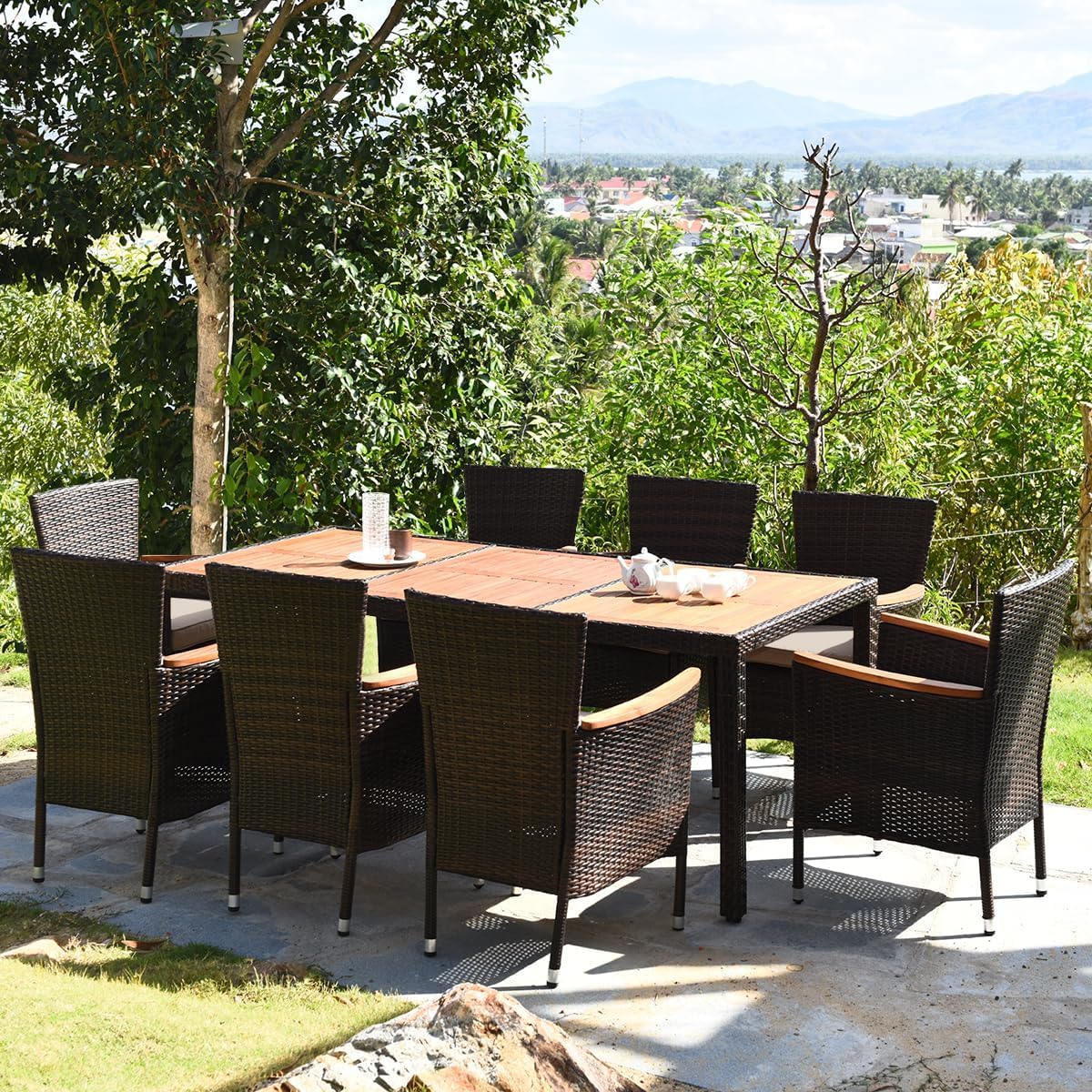 GiantexUK Outdoor 7/9 Pieces Rattan Dining Set, Patio Wicker Furniture Set with Acacia Wood Tabletop & Cushions