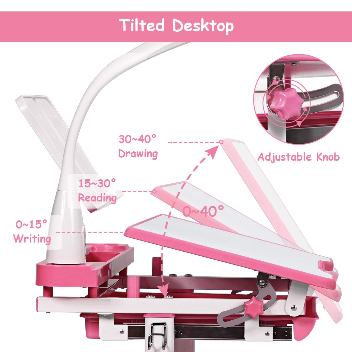 Kids Study Desk and Chair Set, Adjustable Children's Table with Eye-protection Lamp, Bookstand