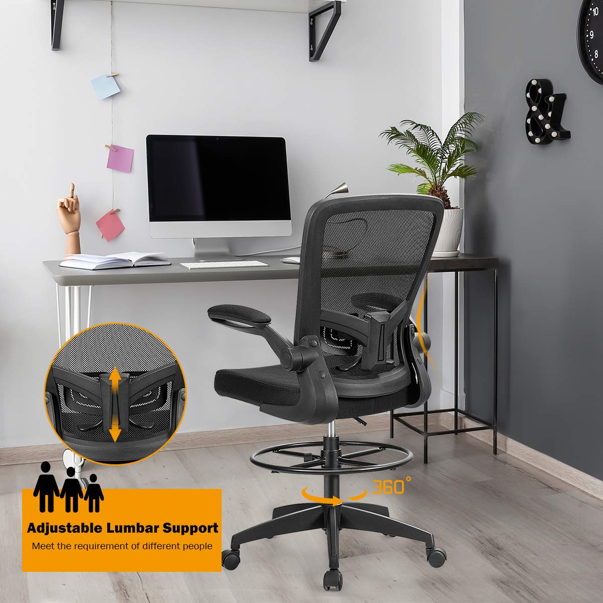 Mesh Drafting Chair, Height Adjustable Swivel Office Chair with Flip-up Armrests, Footrest and Lumbar Support