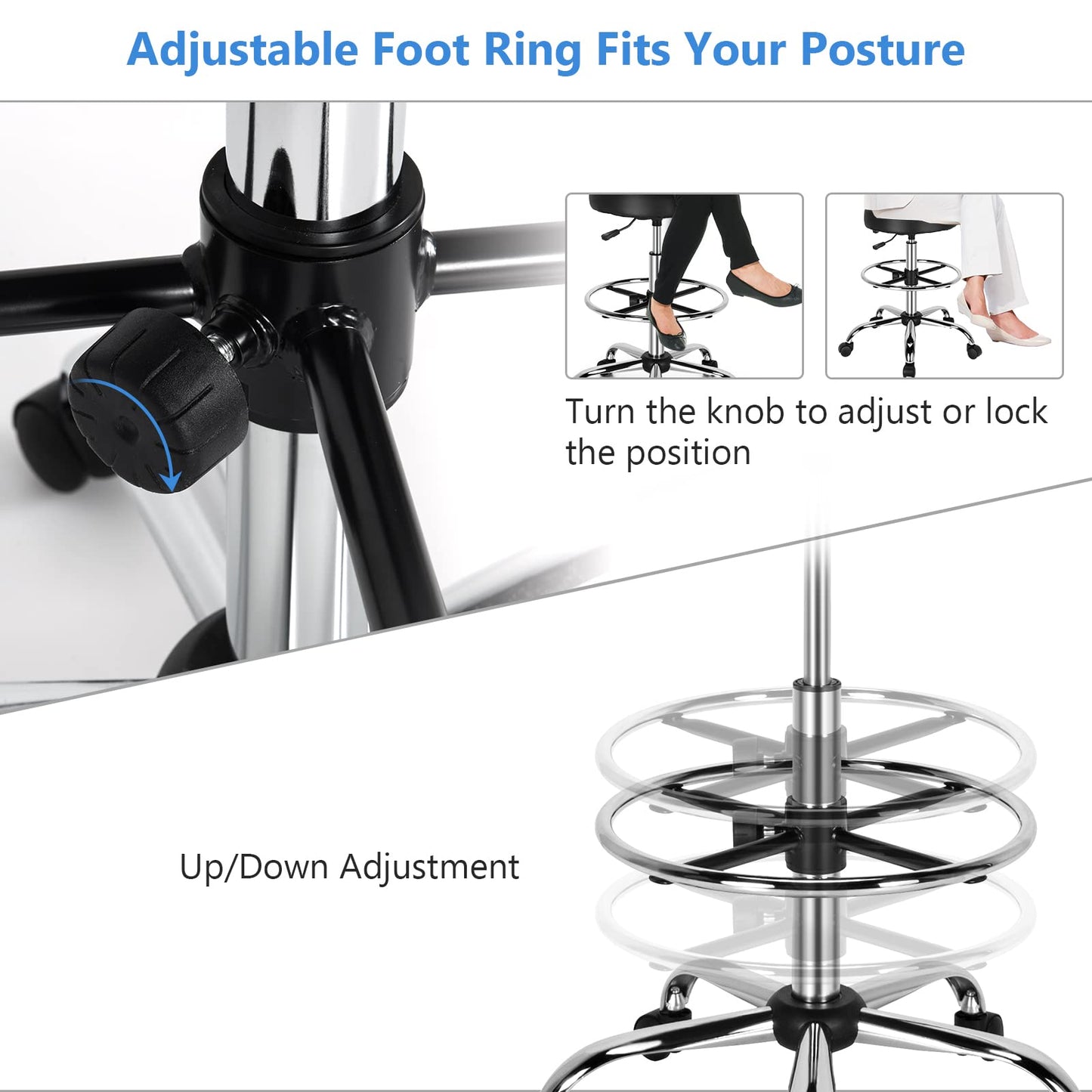 Ergonomic Drafting Chair, Height Adjustable Stool Swivel Office Chair with Backrest and Adjustable Footrest