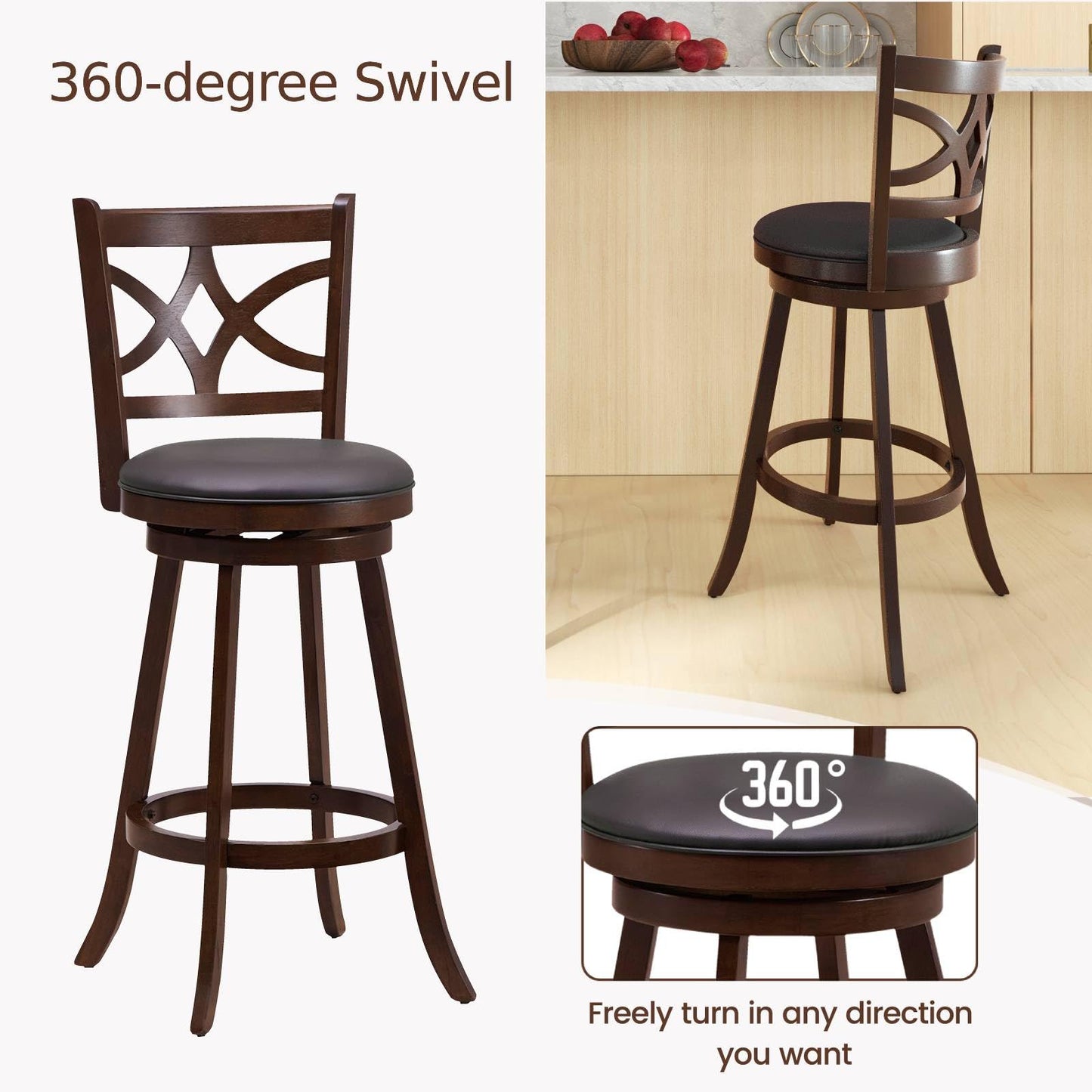 GiantexUK Swivel Bar Stools Set of 2, Rubber Wood Kitchen Barstools with PVC Cover Seat, Back & Footrest (47 x 44 x 110cm)