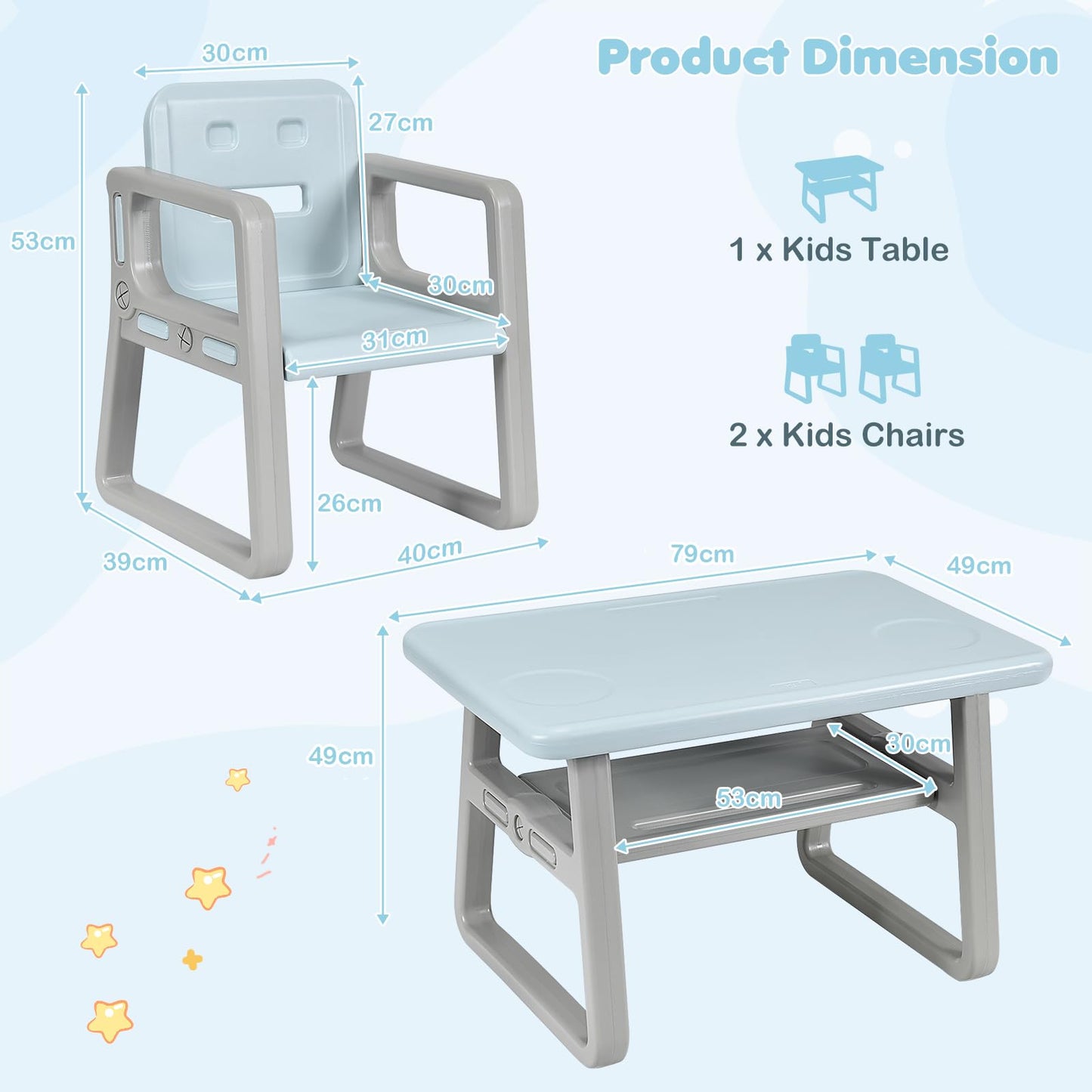 3PCS Kids Table and Chairs Set, Children Play Tables with Storage Rack