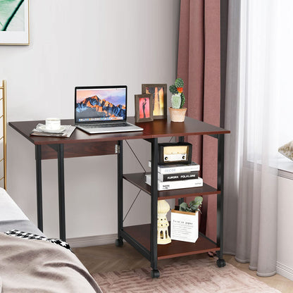 Folding Computer Desk, 2-In-1 Mobile PC Laptop Table with Rolling Wheels (Brown, 108 x 54 x 77cm)