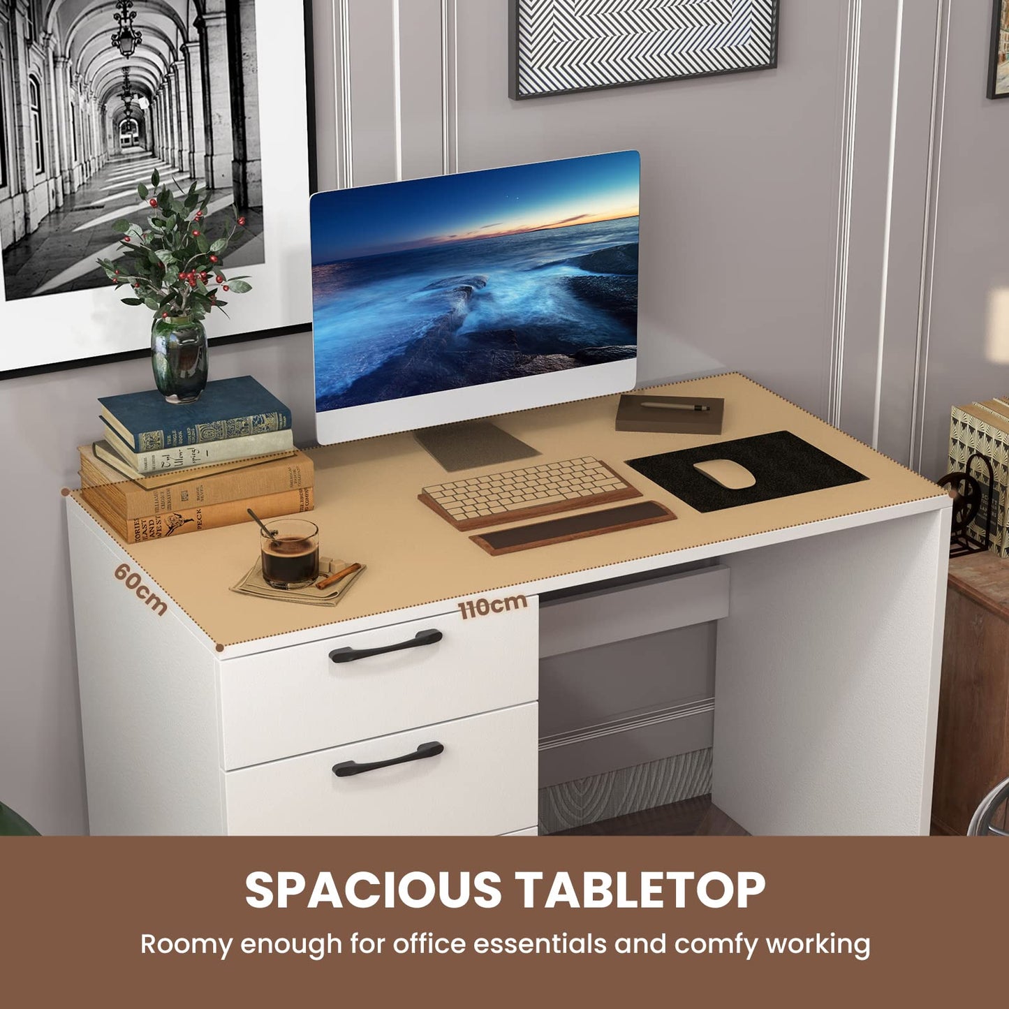 Computer Desk, Wooden Study Table Writing Workstation with 4 Drawers, 110 x 60 x 76cm, Whi