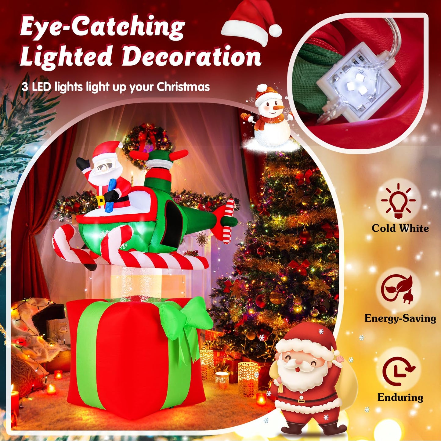 183cm Christmas Santa Claus with Helicopter on Gift Box, Blowup Santa Flying Airplane with 3 LED Lights