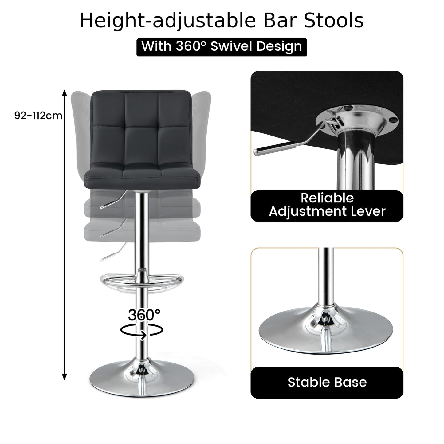 GiantexUK Swivel Bar Stools Set of 2, Upholstered Height Adjustable Barstools with Backrest, Footrest