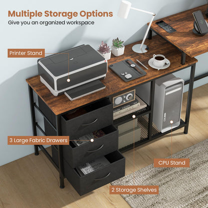 L-Shaped Computer Desk, Convertible Study Writing Workstation with Drawer, Shelves & Charging Station