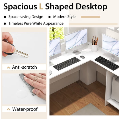 L-Shaped Computer Desk, Modern Large Corner Desk Writing Study Table with Storage Shelves and Cable Holes