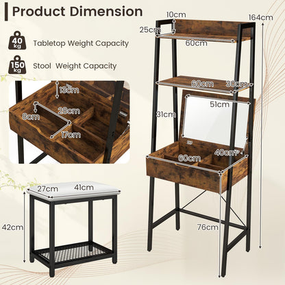 Dressing Table and Stool Set with Flip Top Mirror, Wooden Makeup Vanity Table Set with 2 Ladder Shelves