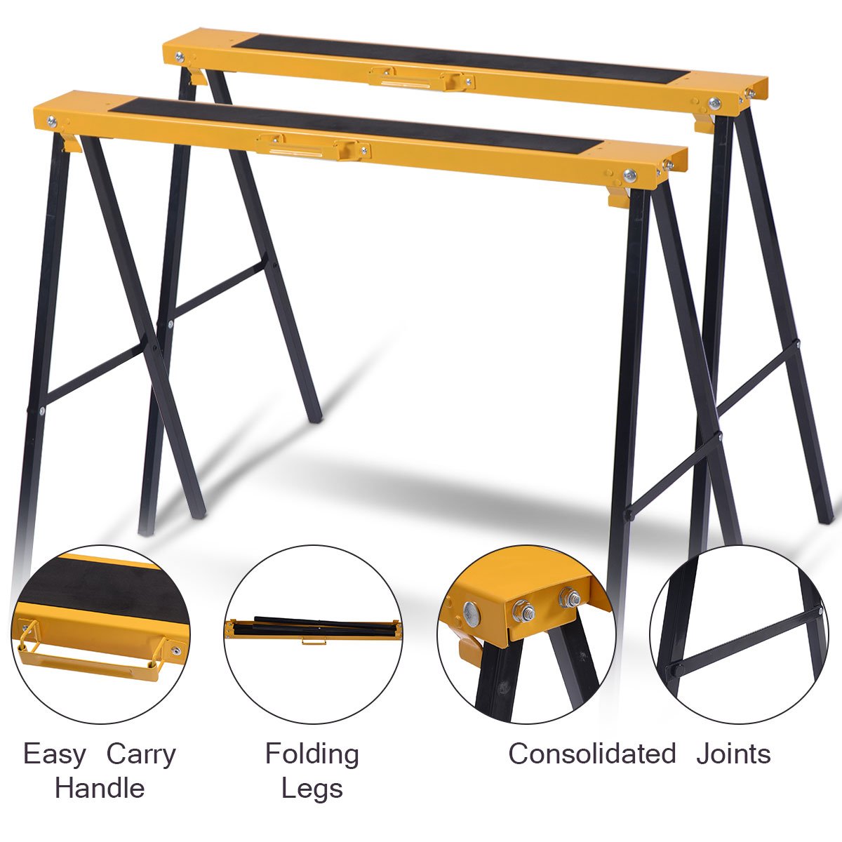 GiantexUK 2PCS Folding Saw Horse, Twin Pack Metal Trestle Stands with Non-Slip Work Surface and Convenient Handle