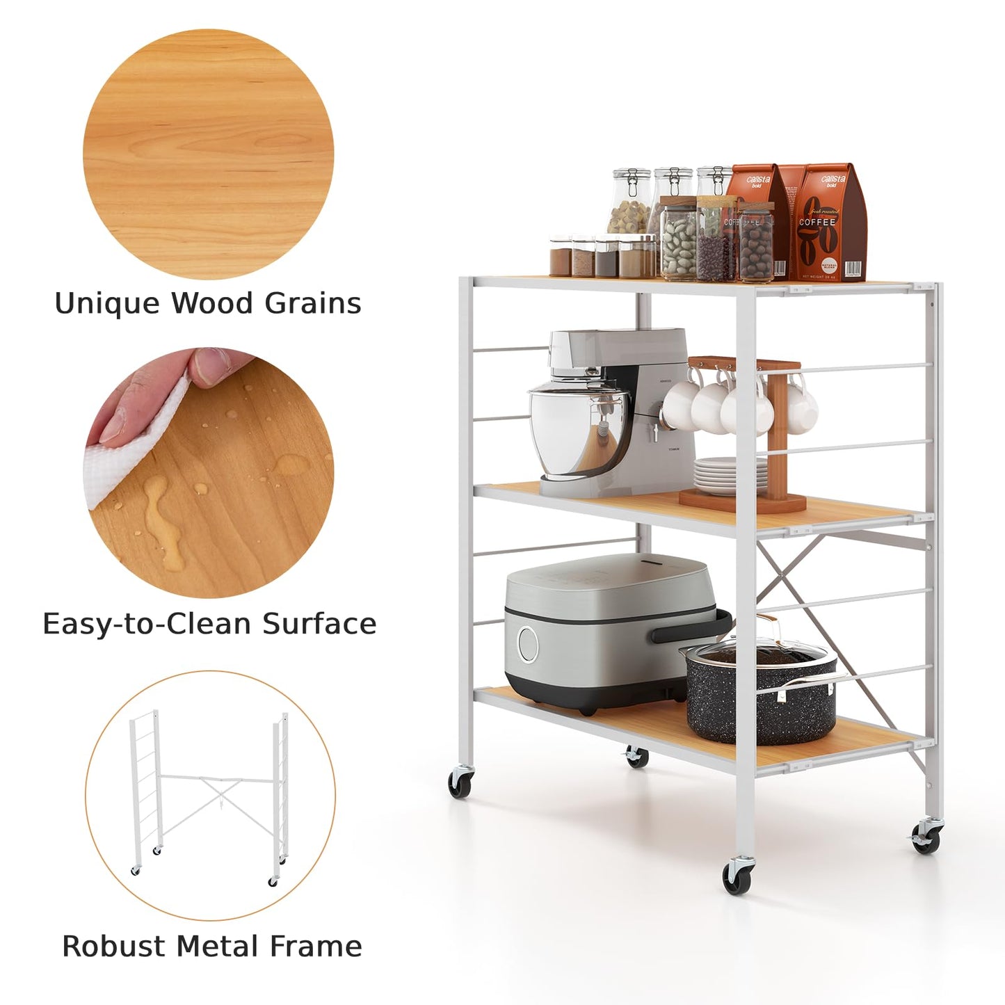 GiantexUK 3-Tier Storage Cart, Foldable Metal Frame Shelving Unit with Wheels, Adjustable Shelves & Anti-Tipping Device