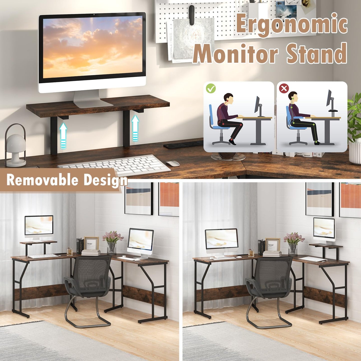 L-Shaped Computer Desk, 225cm Convertible Double Study Writing Workstation with Movable Monitor Stand