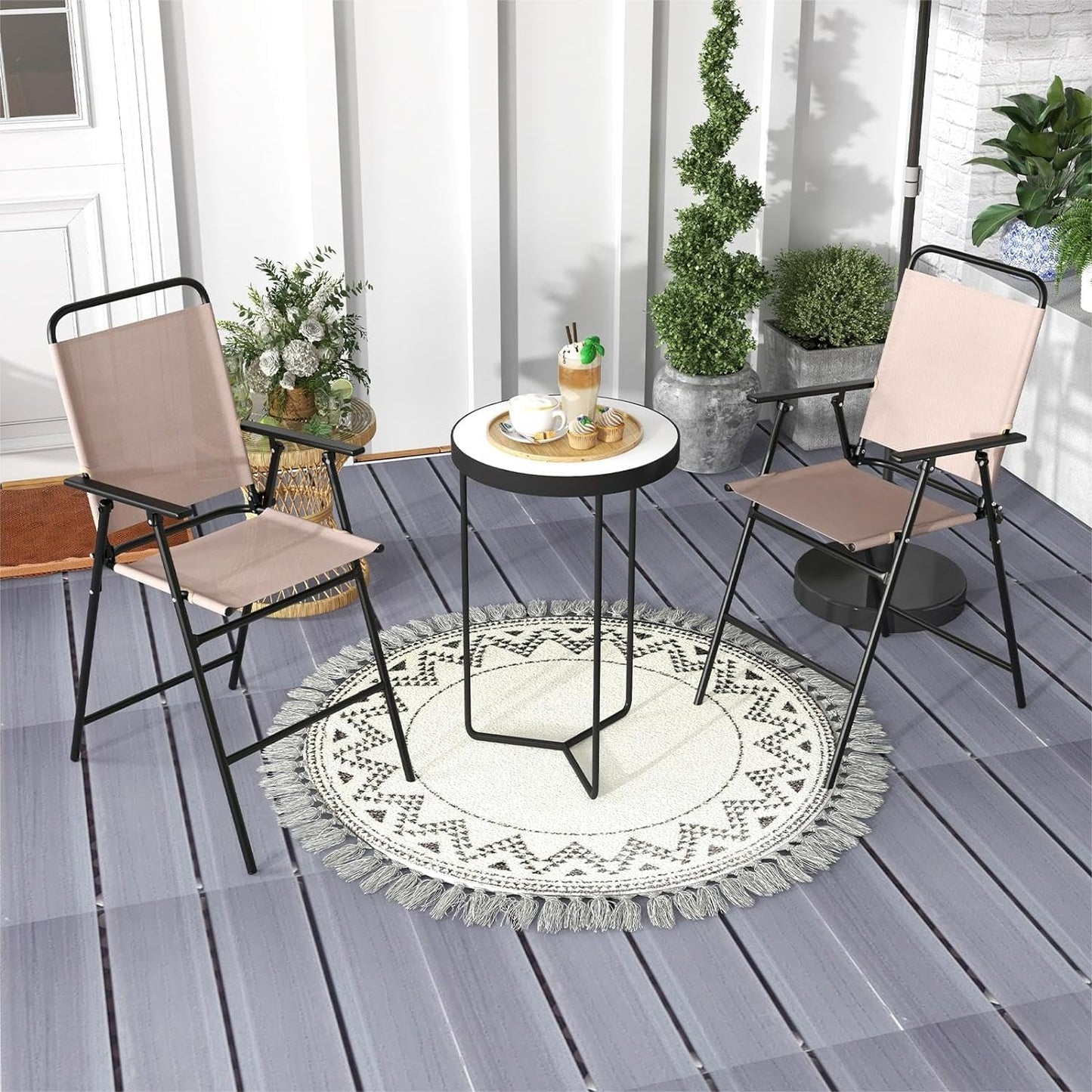 GiantexUK 3 Piece Bistro Set, Garden Dining Furniture Set with Round Bar Table and 2 Folding Chairs (Table+2 Beige Chairs)